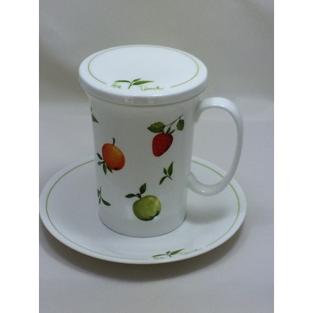 Teetasse  mit Unterteller und Deckel aus feinem Bon China Porzellan